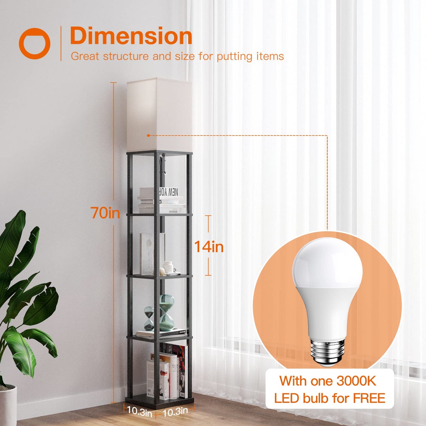 addlon Floor Lamp with Shelves, 70in H Modern Aluminum Design, Black, Model A130109912, Includes 3CCT LED Bulb