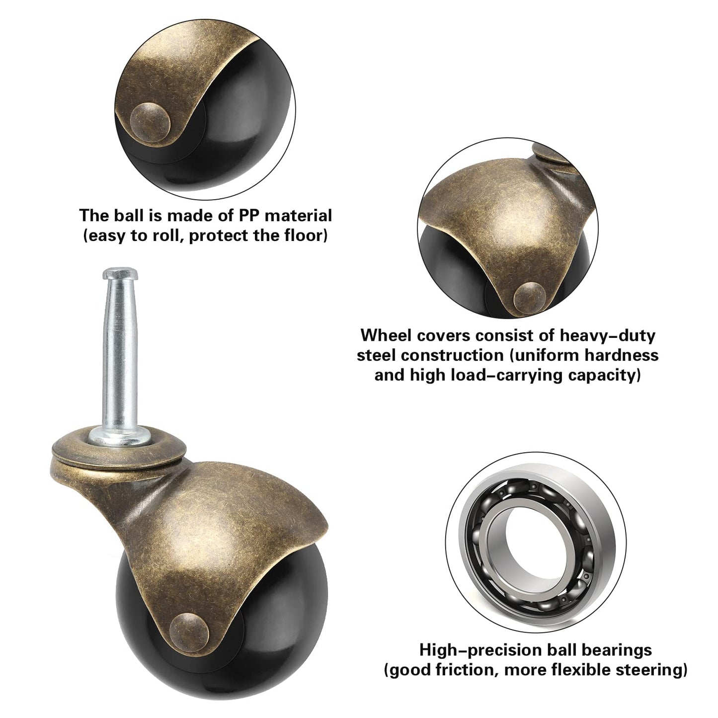 Brass Vintage Antique 2" Ball Caster Wheels - Set of 4 Heavy Duty, 5/16" x 1 1/2" (8 x 38mm) Wheels with Sleeve for Furniture, Chairs, Cabinets