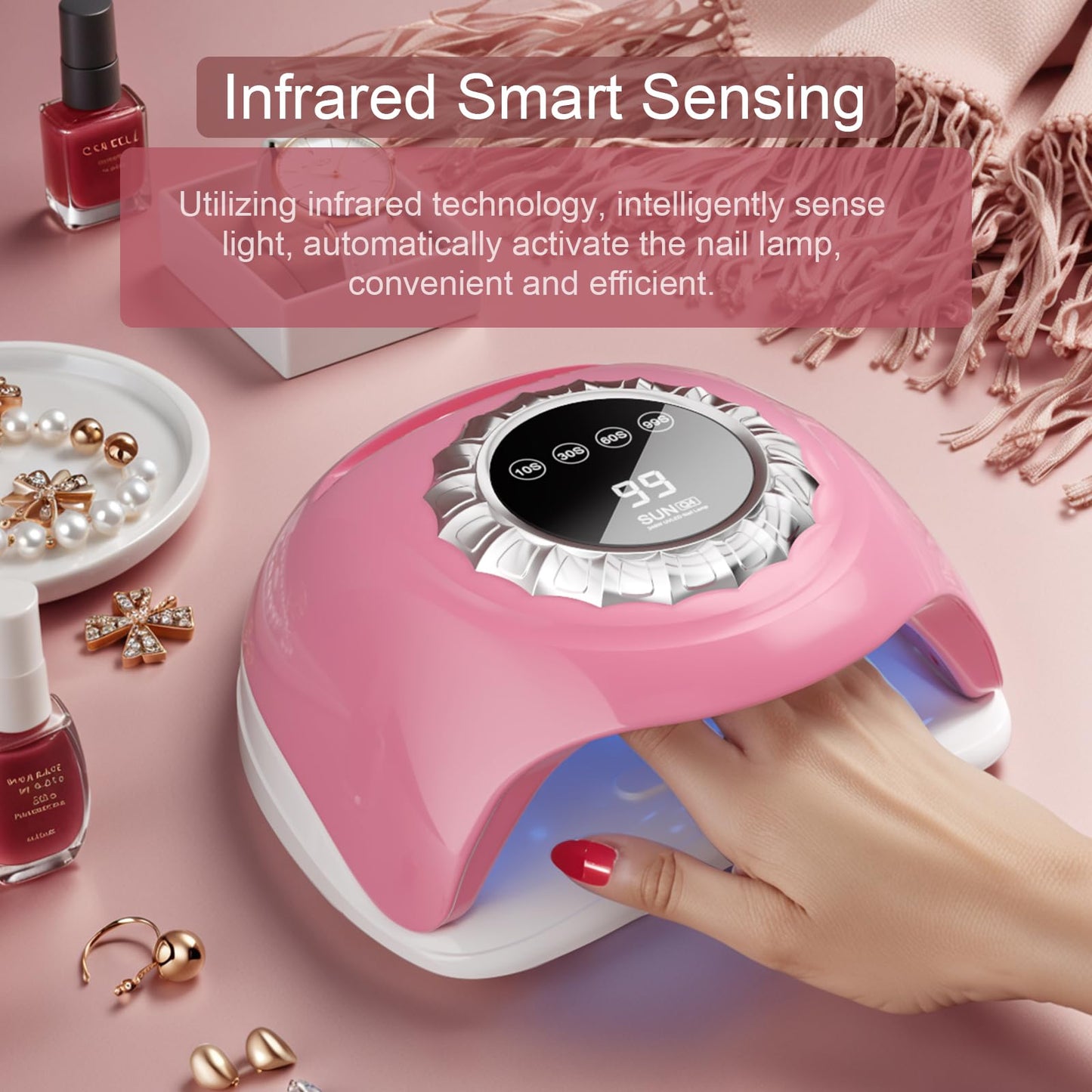 LVAINIT Pink UV LED Nail Lamp - Elegant Touch Screen Nail Dryer with 4 Timer Settings, Detachable Base & Dual Light Beads for Qu