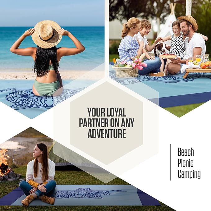 VENTURE 4TH Family-Size Beach Blanket: Sandproof, Waterproof, Lightweight & Compact. Includes Stakes and Carry Bag. 9x10 feet XXL Mandala Turtle