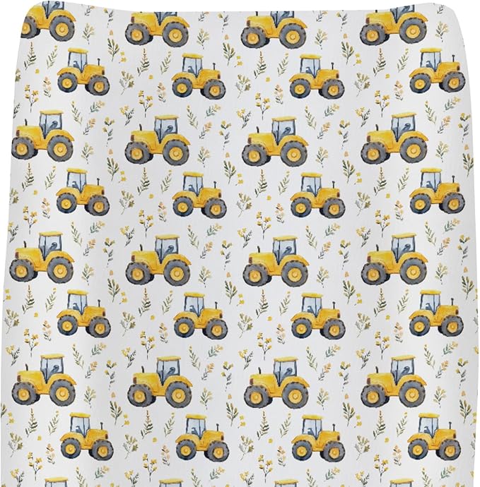 Watercolor Yellow Tractors Baby Changing Pad Covers for Boy Girl Farm Tractors Boho Leaves Fitted Change Table Mats Farm Life Soft Diaper Change Table Cover Sheets for 32''×16'' Contoured Pad