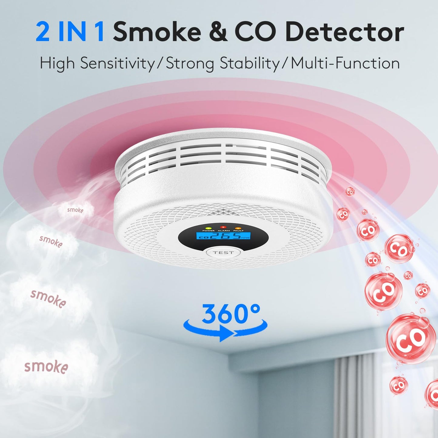 4-Pack Carbon Monoxide and Smoke Detector 10 Year Battery, Clear LCD Display and LED Light, Smoke & CO Alarm Combo for Home, Long-Lasting Guard