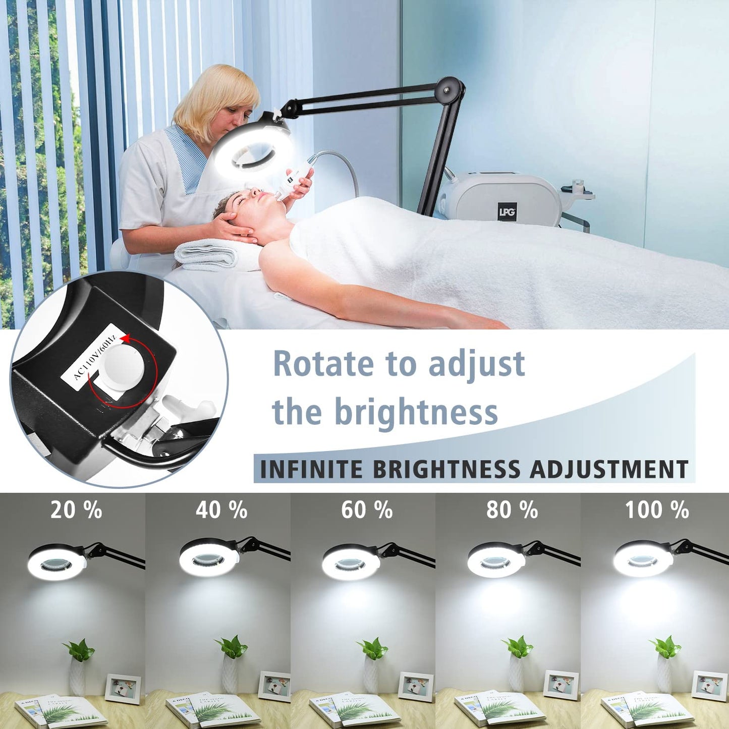 LANCOSC 8X Magnifying Glass with Light, 1,500 Lumens Dimmable LED, Floor Lamp with Rolling Base, Black, Model FL-BH