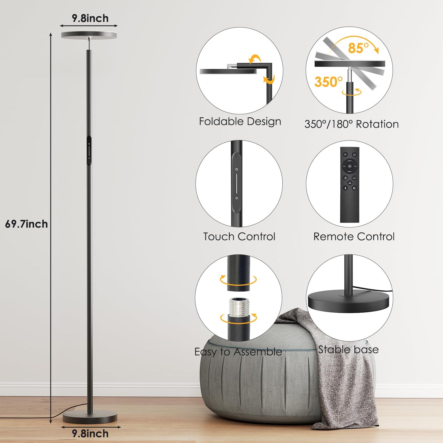 Jeagop LED Torchiere Floor Lamp, 32W 3000LM, 69in Tall, Remote & Touch Control, Black, Model LEDTOFL-B