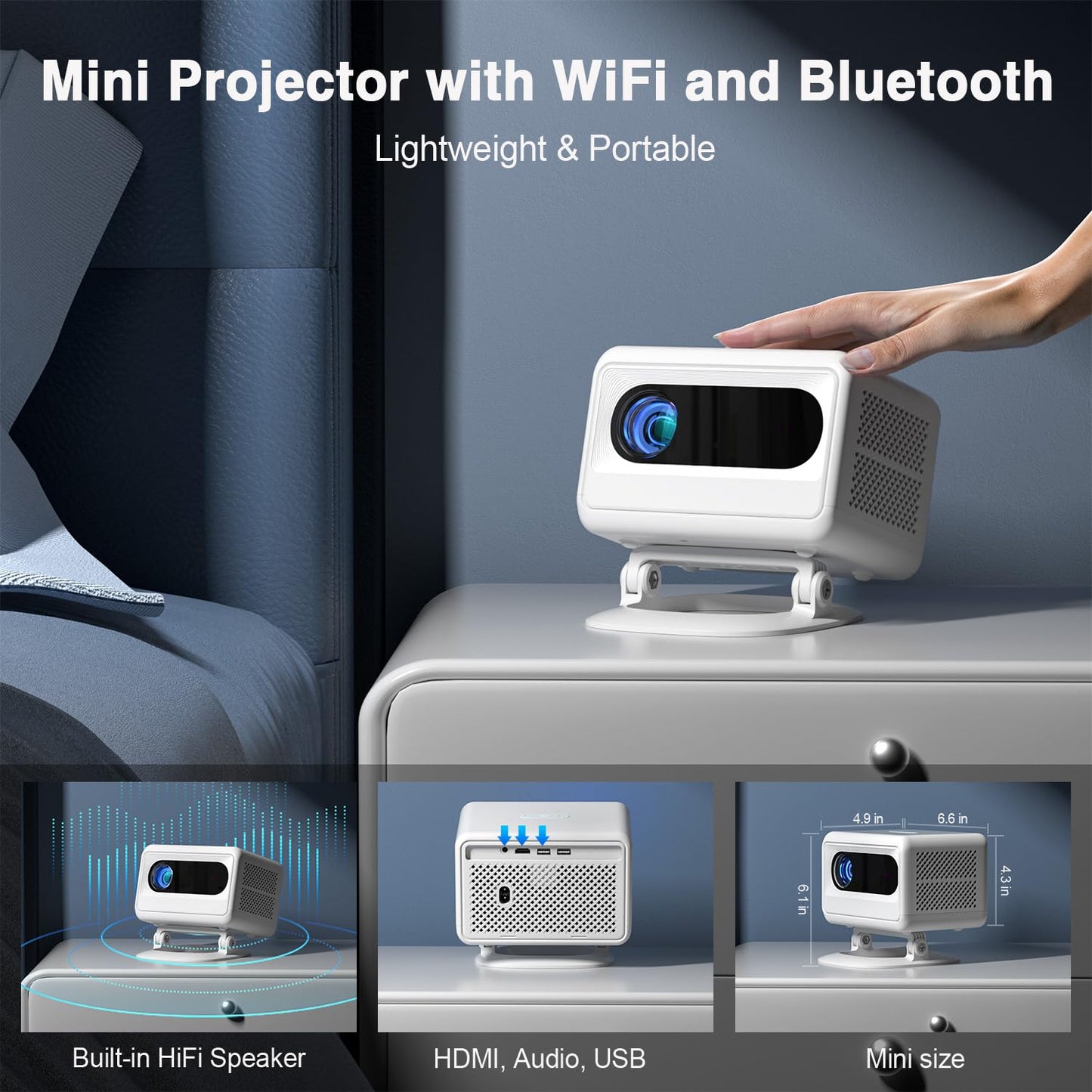 AuKing Projector,2025 Upgraded Projector with Wifi and Bluetooth, ±50° Vertical Keystone, FHD 1080P Movie Projector Compatible with HDMI/USB/AV/Smartphone/TV Box/Laptop