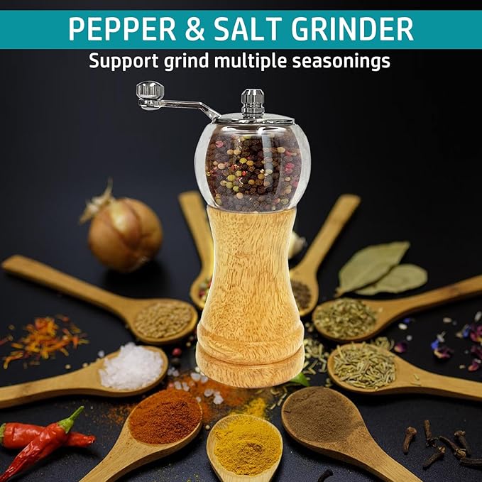 Salt and Pepper Grinder Set Wooden Pepper Salt Grinder Set Manual Pepper Mill Set Classical Hand Shake Ceramic Blades Metal Handle Wooden Pepper Shaker with Adjustable Coarseness