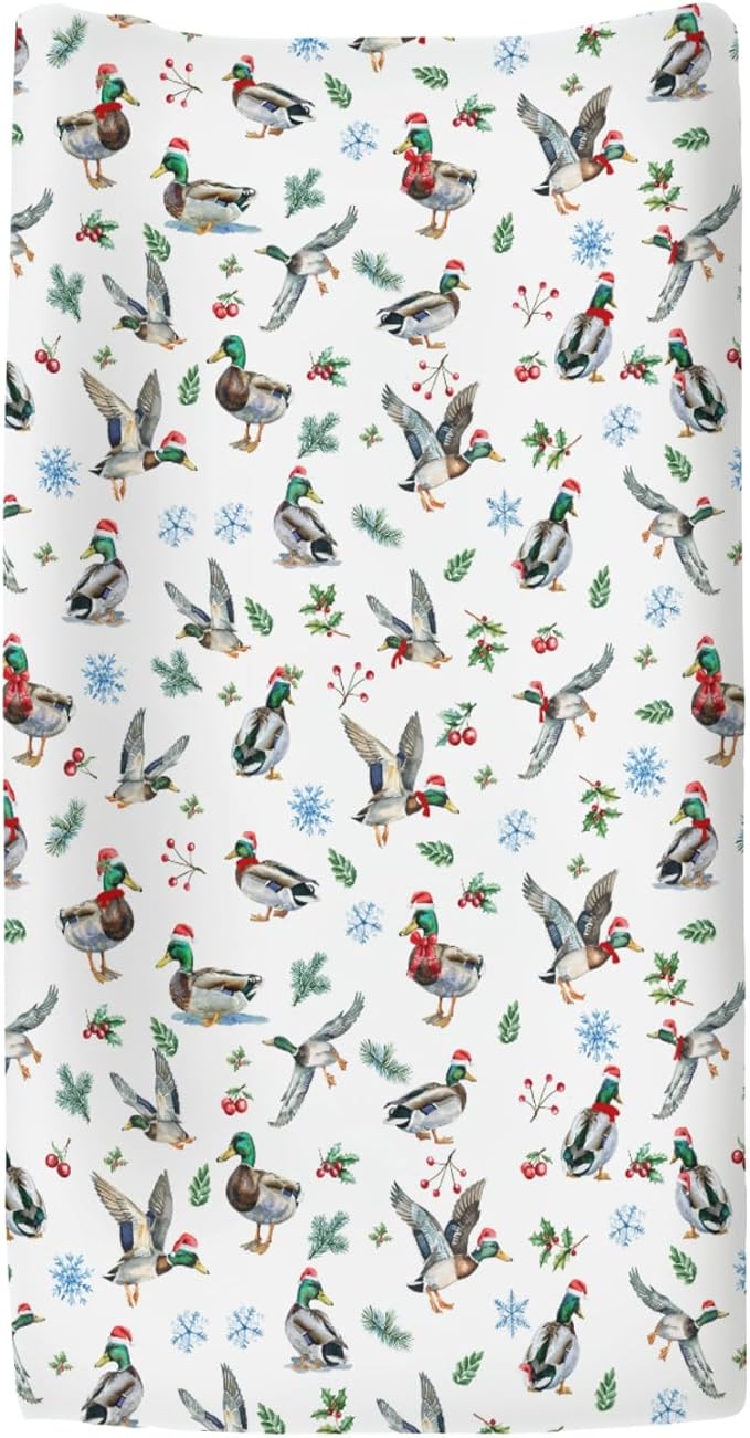 Christmas Mallard Ducks Changing Pad Covers for Baby Girl Boy Wild Ducks Cherry Fir Leaves Fitted Change Table Cover Mats Winter Hunting Duck Soft Diaper Changing Table Sheets 32''×16''