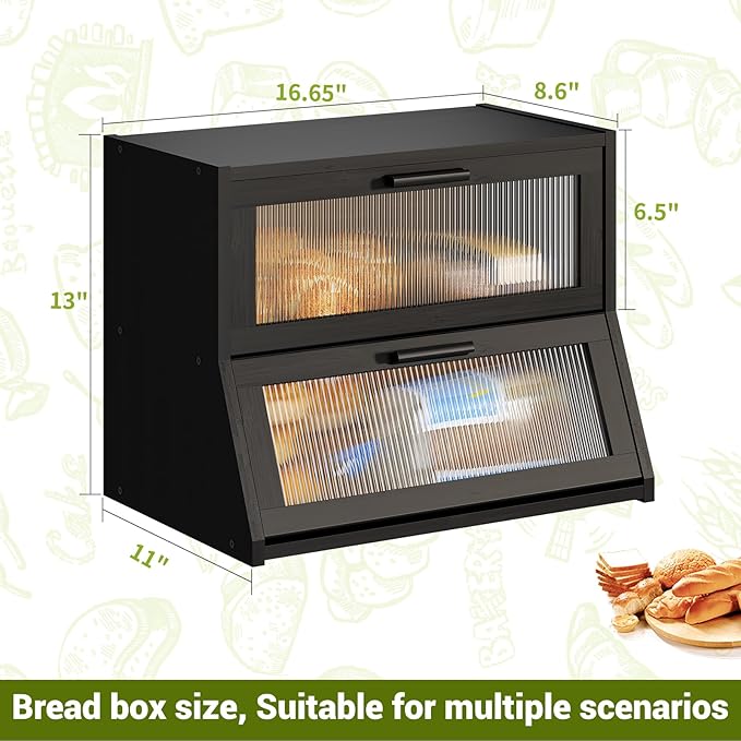 BMOSU Large Bread Box Double Layer Bamboo Bread Box for Kitchen Counter Container Farmhouse Bread Holder Capacity Bread Storage Bin(Black)