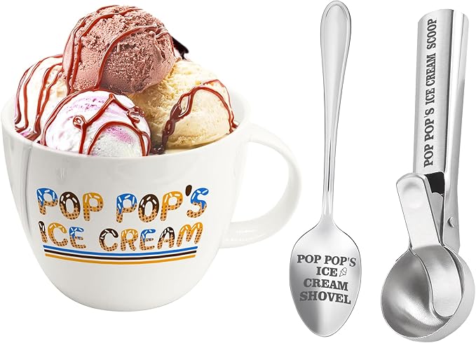Christmas Pop Pop Gifts, Gifts for Poppop from Grandkids, Pop Pop's Ice Cream Bowl Scoop Shovel Spoon Set, Pop-Pop’s Ice Cream Gift, Ideal Xmas Birthday Father's Day Man Gifts