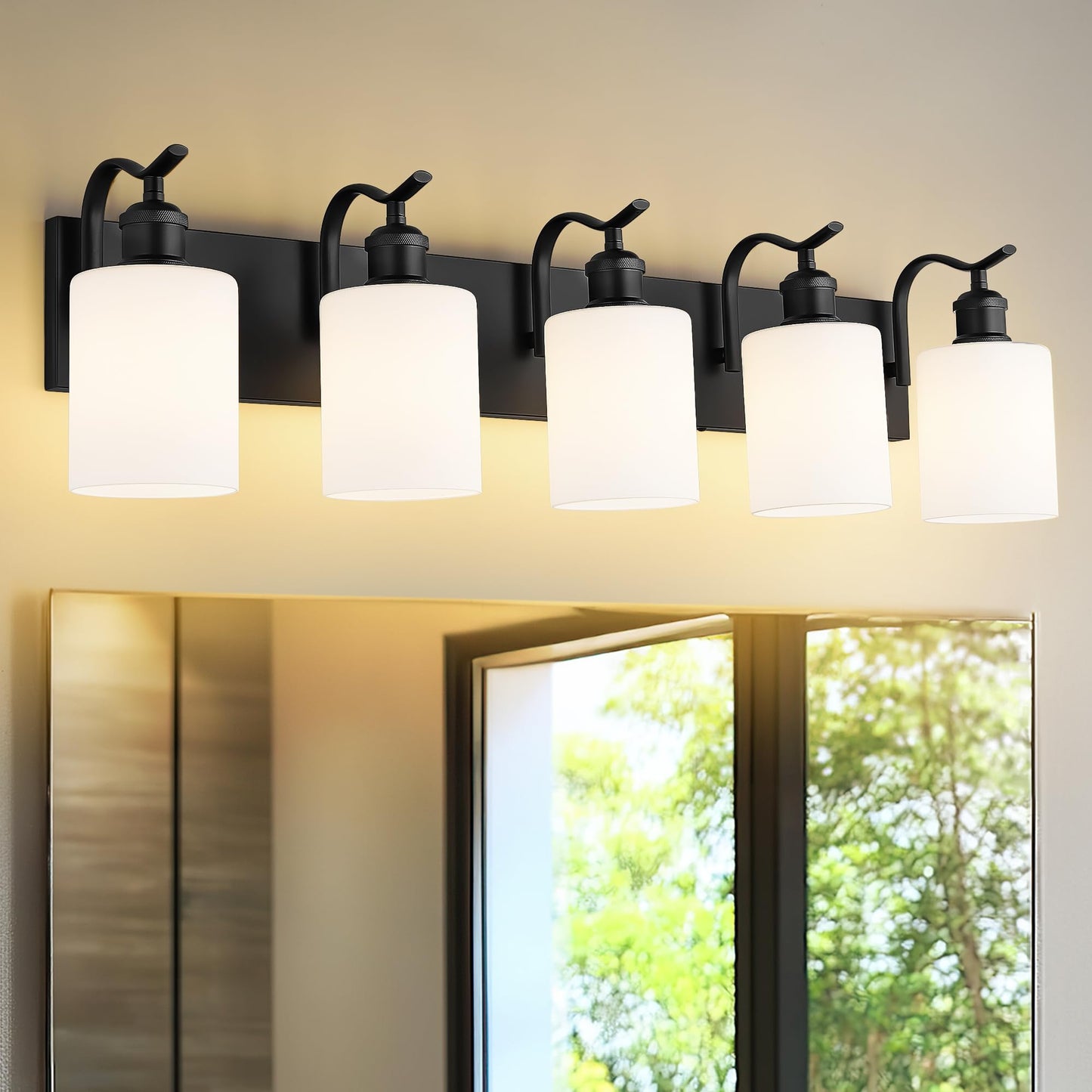 Jazava 5 Light Bathroom Vanity Light  Morden Black Vanity Light Bathroom Lighting Fixtures Over Mirror Black Wall Sconces With Milky White Frosted Shade Zcvl01Bkw-5
