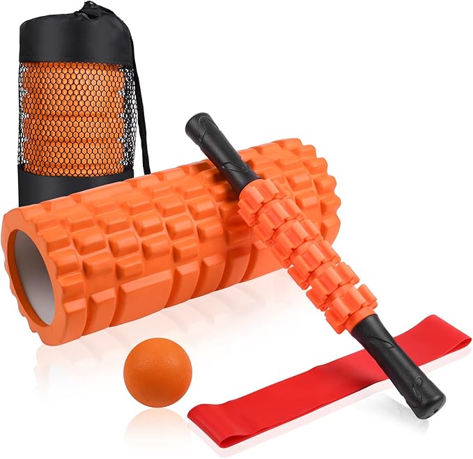 5 in 1 Foam Roller Set: Trigger Point Roller, Yoga Stick, Massage Ball, Fitness Stretching Strap, Carrying Bag, Towel for ...