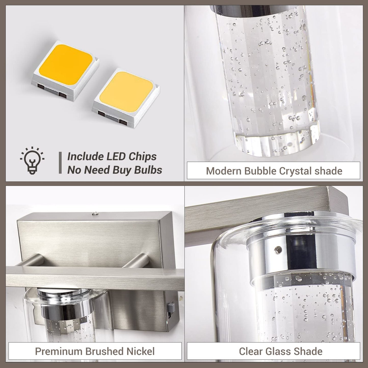 Stambord Bathroom Vanity Light Fixture, 3-Light Brushed Nickel, Dimmable Led With Crystal Bubble & Clear Glass