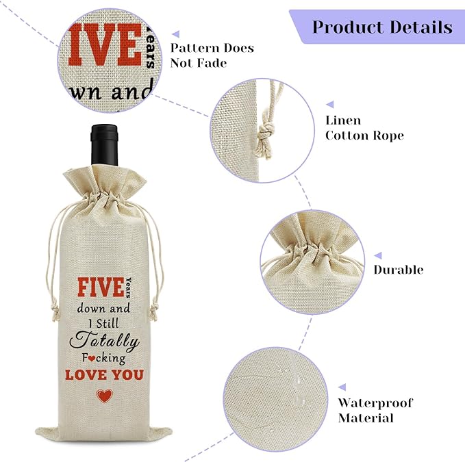 5th Anniversary Wedding Gift for Couple Wine Bag 5 Years of Marriage Gift for Women Men Drawstring Wine Wrapping Bag 5th Anniversary Keepsake Gift Birthday Christmas Valentine Gift Wine Bottle Bag
