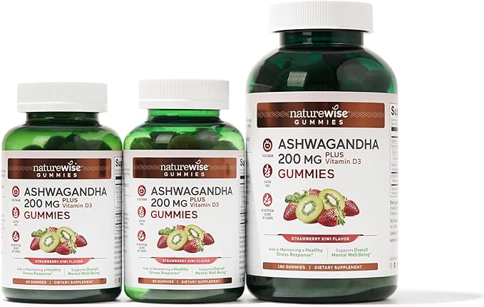 NatureWise Ashwagandha Gummies - Strawberry Kiwi - KSM-66 with Vitamin D3 - Calming Mood Support - Vegetarian - Non-GMO, Gelatin and Gluten Free - 90 Count[45-Day Supply]