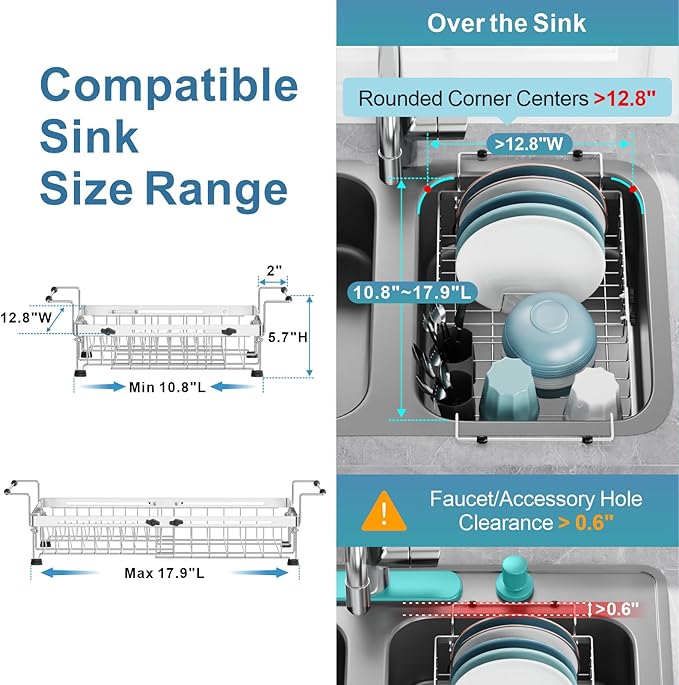 GSlife in Sink Dish Drying Rack - Stainless Steel Capacity Expandable Dish Drainer with Sink Protector, 10.8–17.9" L x 12.8" W, Silver