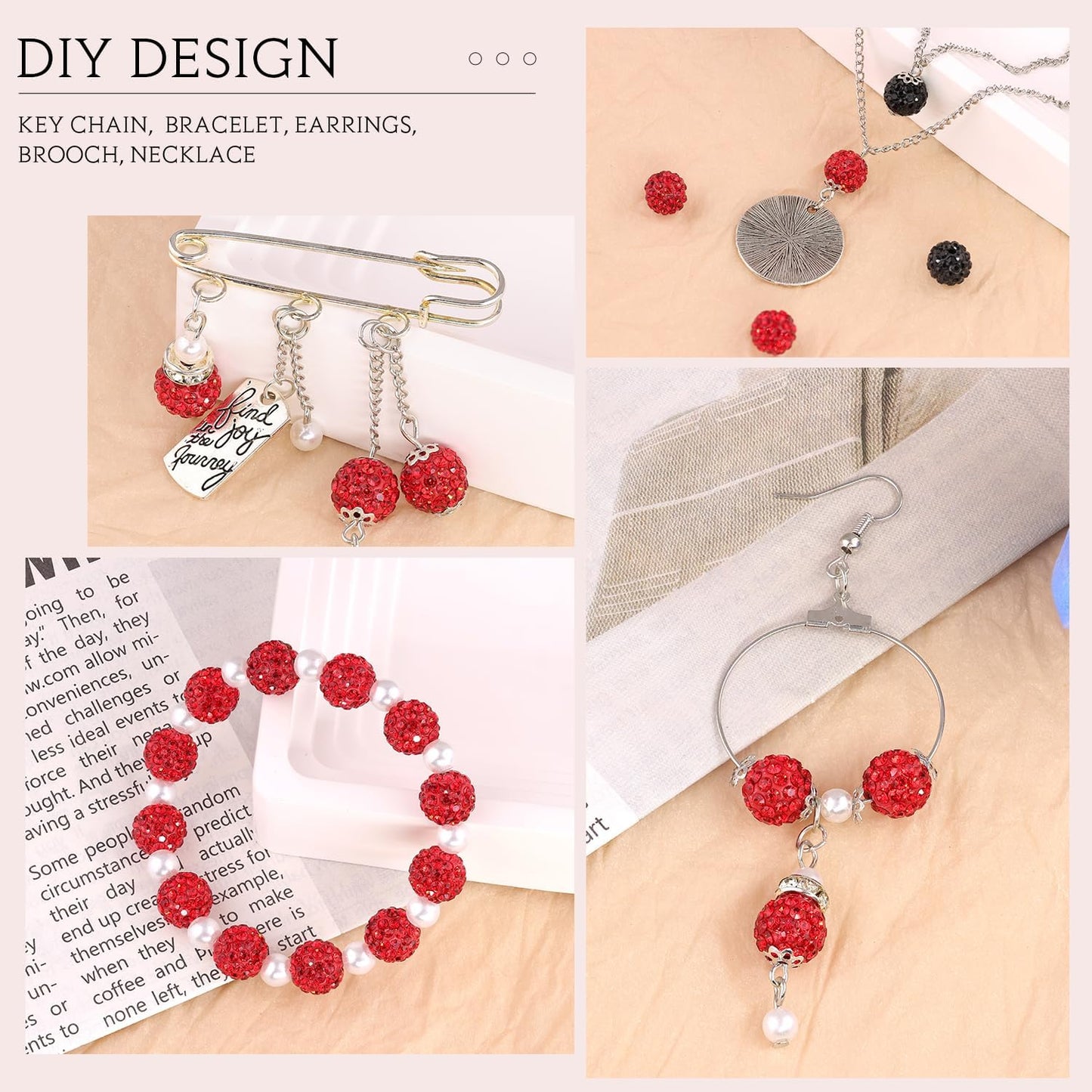 150 pcs 10mm Rhinestone Beads for Jewelry Making, Red Shiny Round Shamballa Disco Beads Bulk, Sparkle Crystal Clay Christmas for Bracelet Baseball Necklace Earring Crafting and DIY