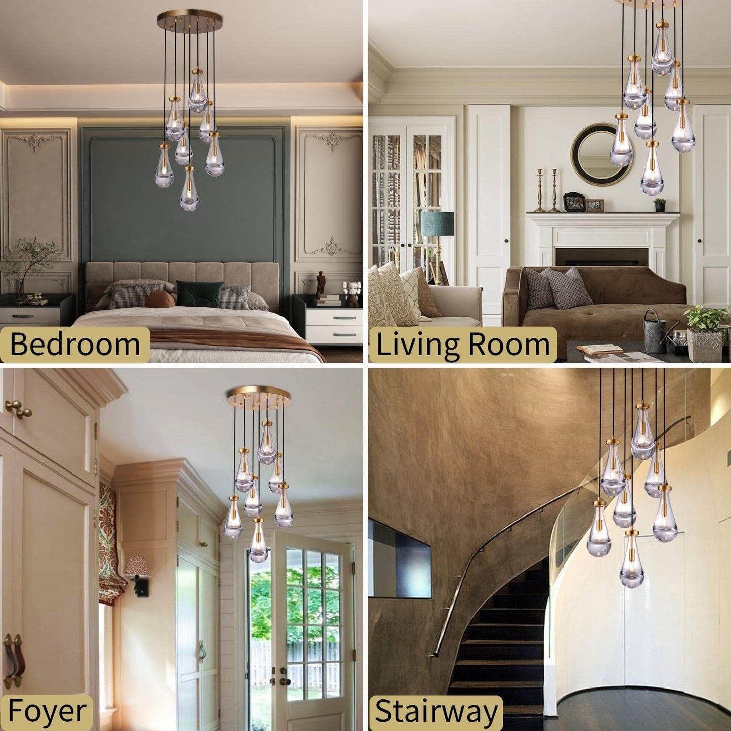 Joyunleo 7 Light Raindrop Chandeliers  Brass Teardrop Cluster Pendant Lights Kitchen Island  Gold Dining Room Chandeliers Over Table Hanging Pendant Lighting For High Ceiling  Entryway Staircase