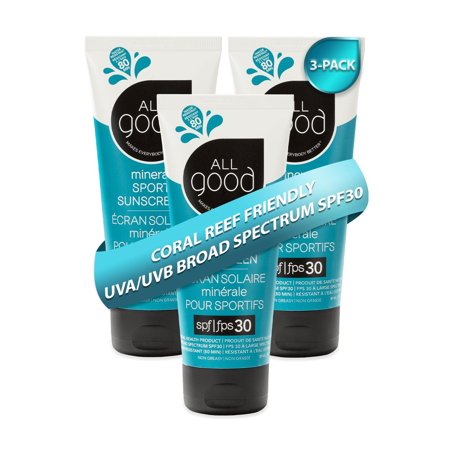 All Good Sport Mineral Sunscreen Lotion - Coral Reef Friendly, Water & Sweat Resistant, Face & Body, UVA/UVB Broad Spectrum SPF