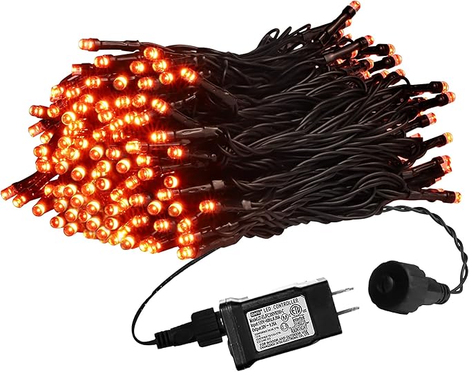 Weillsnow Orange Halloween Lights, 66FT Plug-in Waterproof String Lights, 8 Modes with Memory for Indoor/Outdoor Garden Decorations