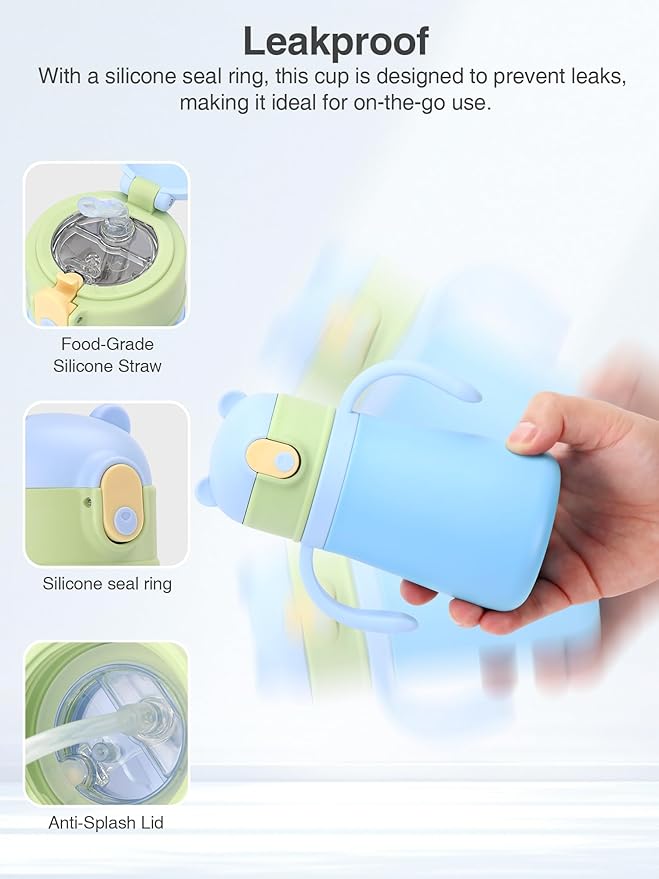 12oz Kids Insulated Water Bottle Double-Wall Vacuum Kids Water Bottle with Hygiene Silicone Straw Blowout-Proof Lid Insulated No BPA Durable Stainless Steel