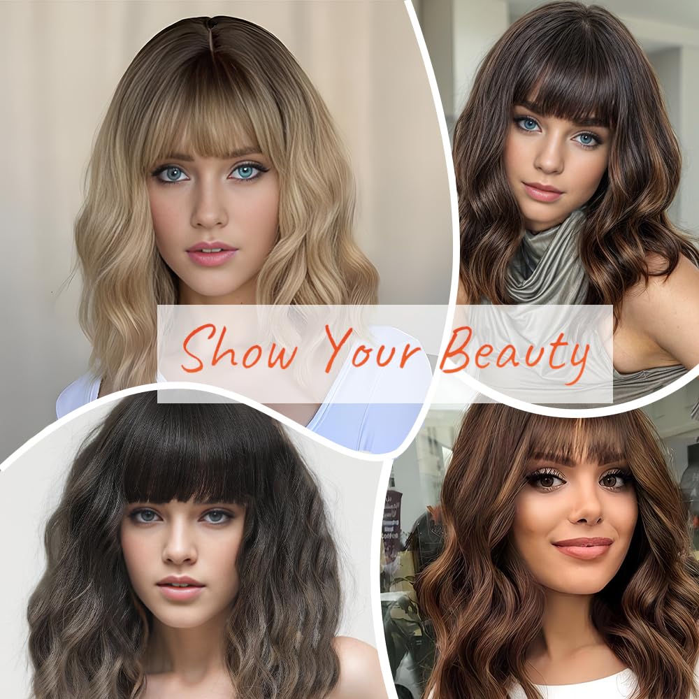 Short Wavy Gray Wig with Bangs 14inch Ombre Grey Highlight Brown Wigs for Women Short Curly Bob Wigs Synthetic Natural Looking H