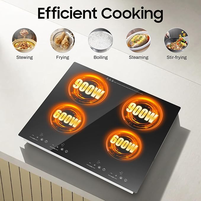 30 Inch Electric Cooktop, 3000w 4 Burner Built-In Glass Ceramic Stove Top with 9 Power Levels, Timer, Safety Lock