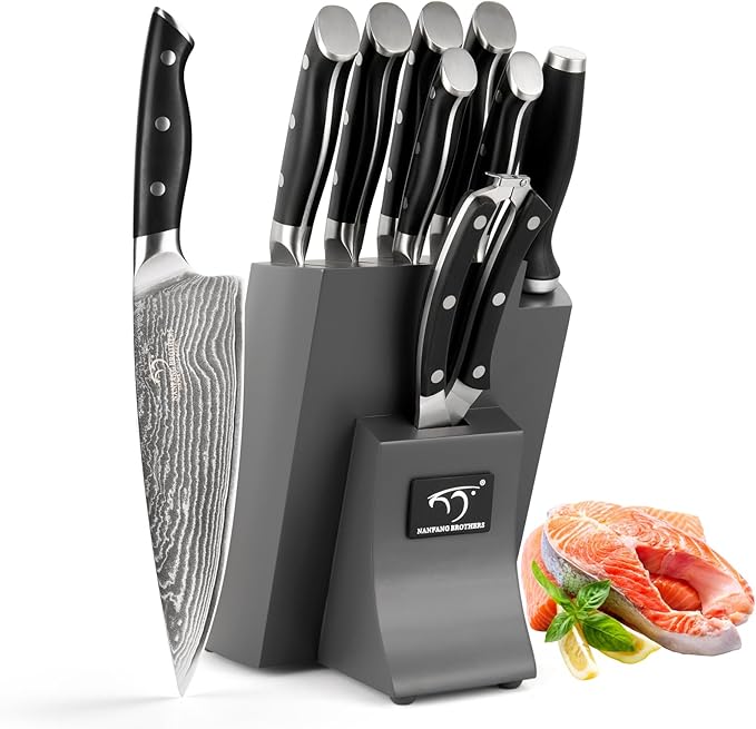 NANFANG BROTHERS Damascus Kitchen Knife Set with Block, 9 Pieces, ABS Ergonomic Handle, Knife Sharpener, Kitchen Shears