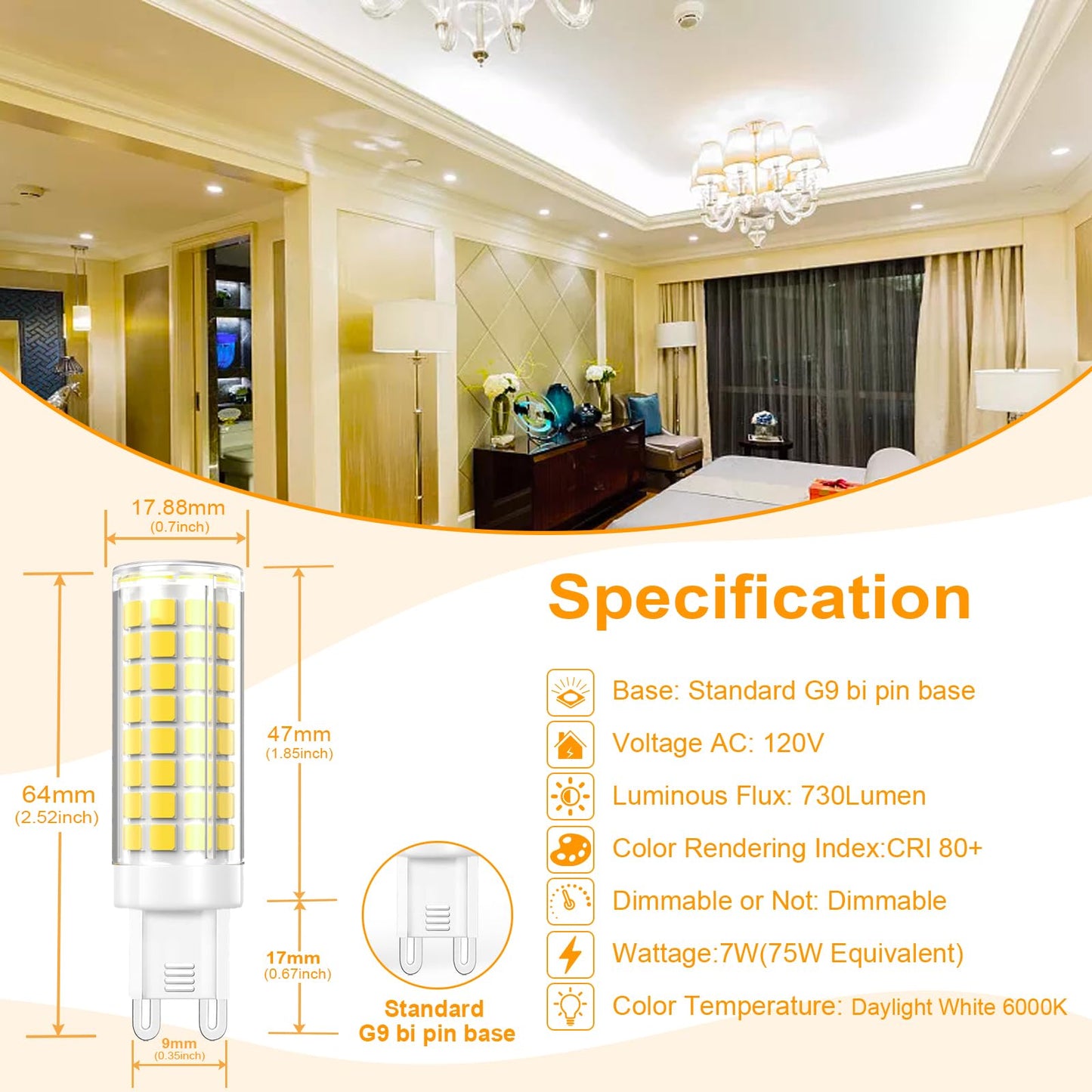 Vyaomli G9 Led Light Bulbs Dimmable 7W Equivalent To Halogen Bulb 75W-80W 730Lm  G9 Bi-Pin Base Light Bulb Ac 120V For Kitchen Chandelier Home Lighting (Daylight White  5 Pack)