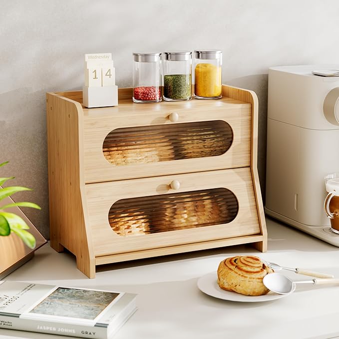 Bread Box for Kitchen Countertop,Double Layer Large Capacity Bamboo Bread Storage Container with Acrylic Wavy Door Panel for Kitchen Counter,Cabinet,Pantry(Natural Bamboo)
