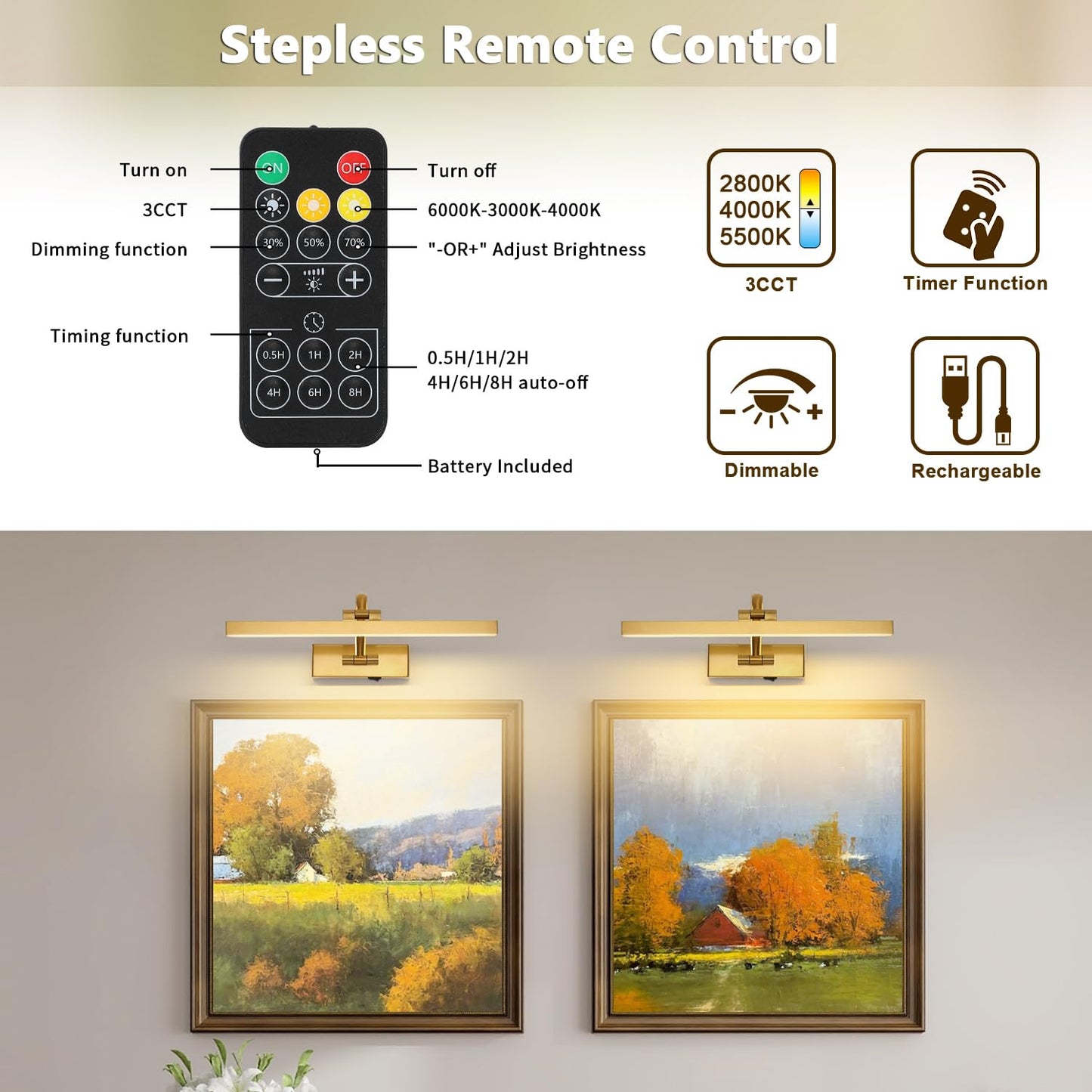 Desoop Picture Lights For Wall Battery Operated  Brass Art Lighting For discomfort-reducingtings With Remote And Timer  Wireless Gallery Light For Portrait Frame Artwork  16 Inch 3Cct Dimmable