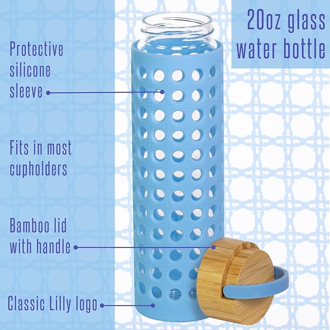 Lilly Pulitzer Glass Water Bottle with Silicone Sleeve, 20 oz Cute Water Bottle for Women, Glass Bottle with Lid and Non Slip Silicone Wrap, Blue Caning