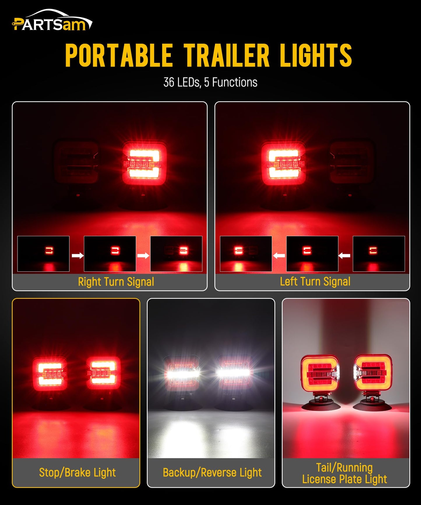 Partsam Wireless LED Trailer Light Kit, Magnetic Stop Turn Reverse Lights, 12-24V, IP67 Waterproof, Red, Standard Size, Metal/Plastic
