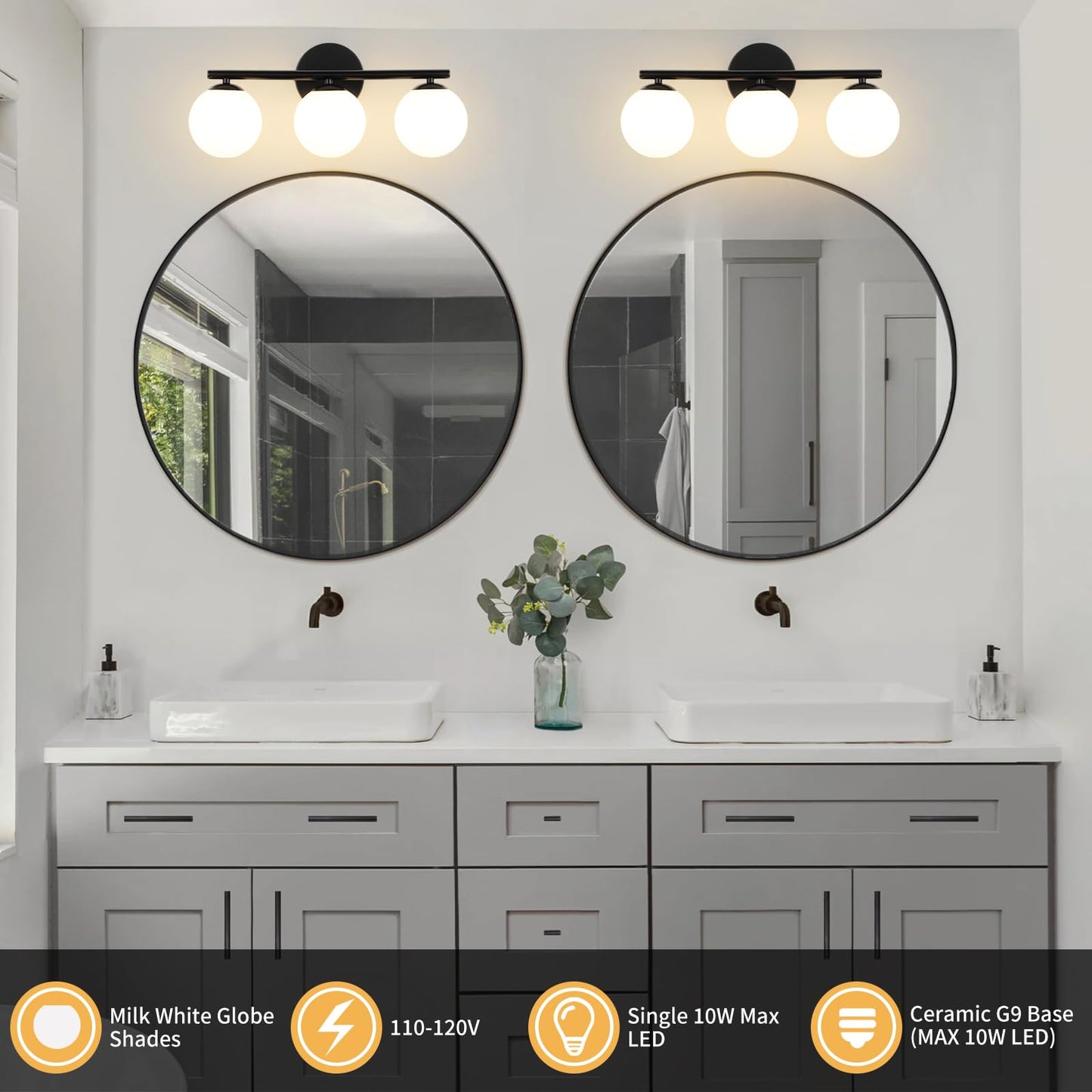 Foucasal Black Globe Bathroom Light Fixtures 3-Light Vanity Light With Plastic Milk White Globe Shades 11.81 Inch Wall Sconce Lighting Over Mirror  Vanity Lights For Bathroom Bedroom Hallway