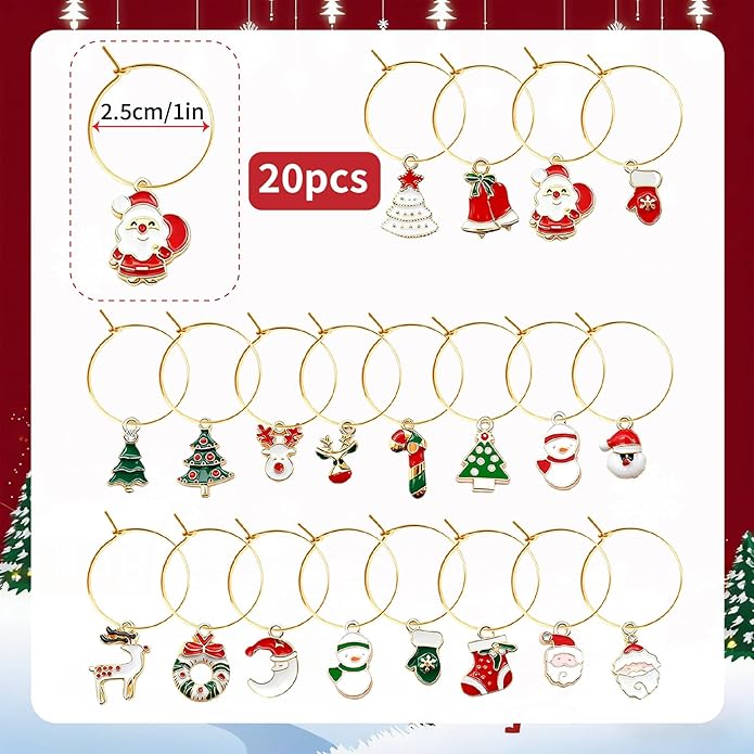 Christmas Wine Glass Markers - 20pcs Party Drink Marker Tags With Rings Stem Glasses Identifier For Party Favors Decorations Tasting