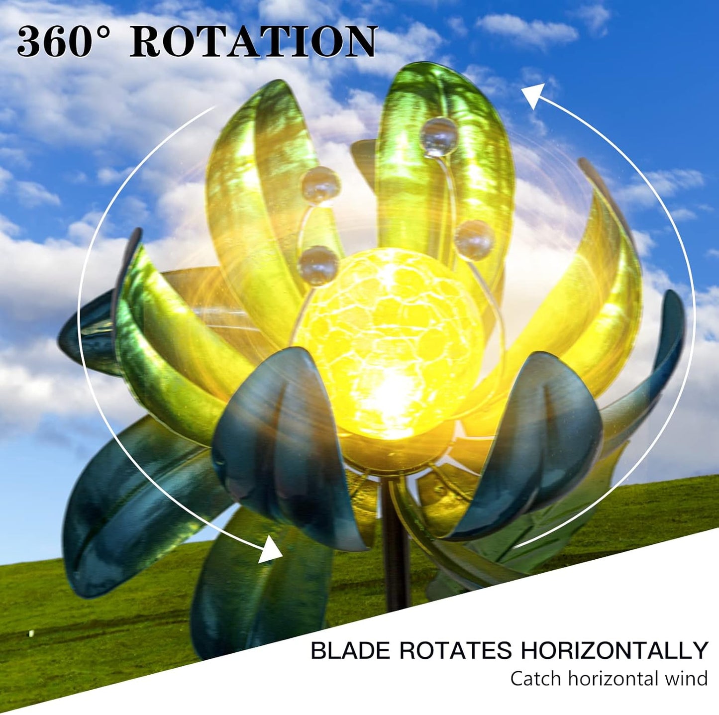 Huaxu Solar Outdoor Lights 35.4In Garden Decor Flower Wind Spinners,Waterproof LED Crackle Glass Globe Blue Lotus Art Metal Stake for Lawn Patio Pathway Yard Porch Driveway Decorations Gift