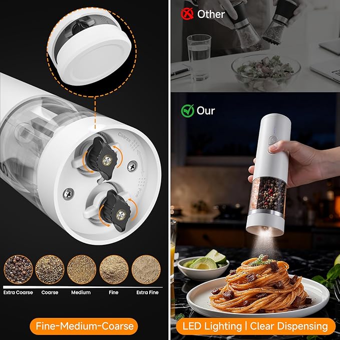 Electric Salt and Pepper Grinder Set Shakers 2 IN 1-Rechargeable Automatic Pepper Mill,with LED Lighting,Adjustable Grinder,Large Capacity-Ideal for Kitchen,BBQ,Ideal Kitchen Gifts (White)