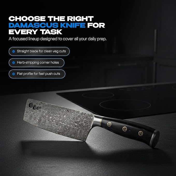 Hand-Forged Damascus 7" Nakiri Knife – Japanese-Style Vegetable Cutter with 133-Layer Blade, Hollow Edge & Herb-Stripping Holes – Premium Damascus Chef Knife