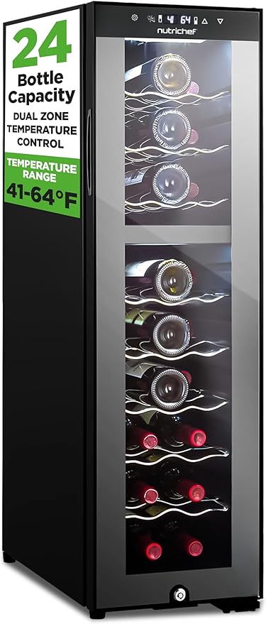 NutriChef 24 Bottle Wine Fridge | Dual Zone Chiller | Adjustable Temperature 41°F to 64°F | Ultra Quiet Operation | Wine Cooler for Home, & Office | FreeStanding 39x11x23 in (Black)