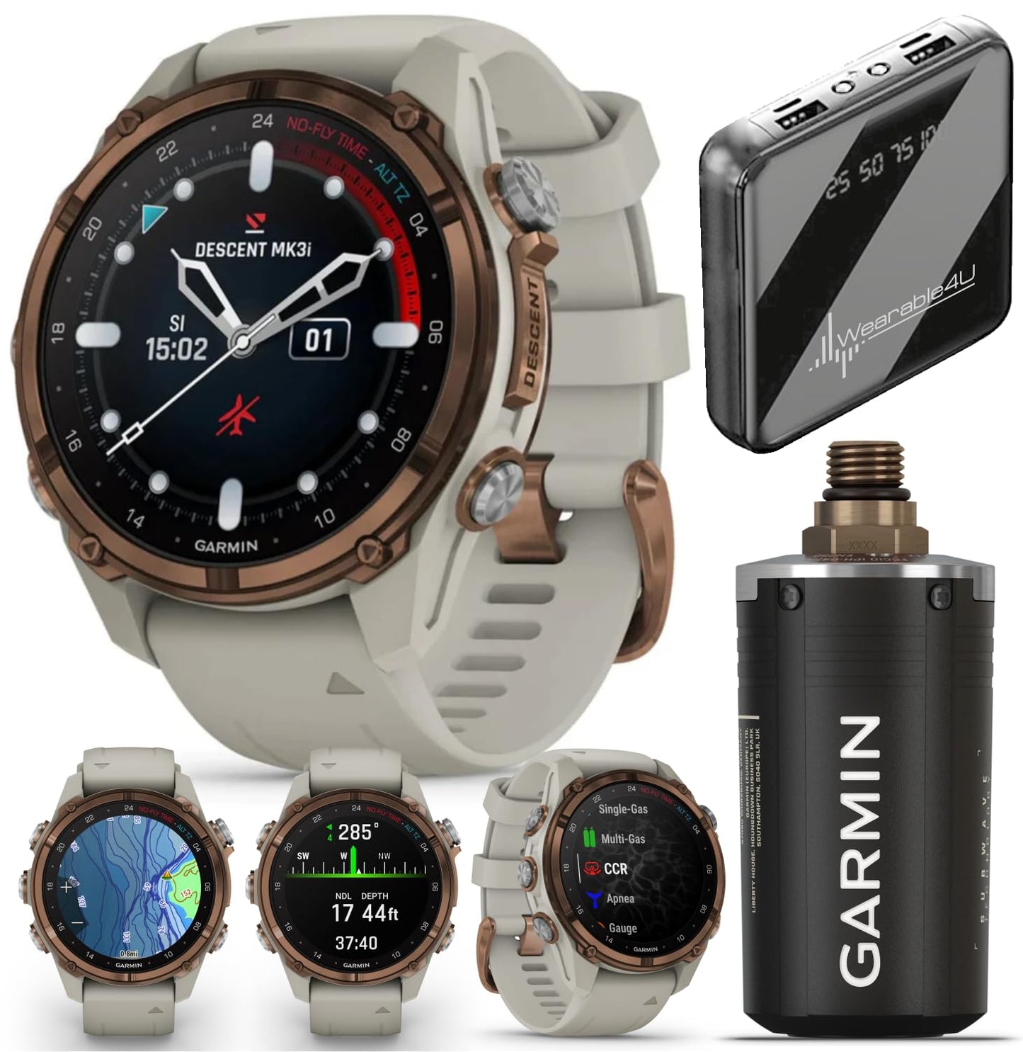 Wearable4U Garmin Descent Mk3 & Mk3I 51 Mm & 43 Mm W/T2 Transceiver: Titanium Dive Computer +Extra-Long Strap | Up To 25 Days Ba