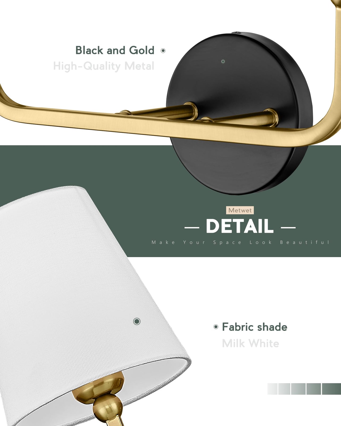 Metwet 2-Light Bathroom Light Fixtures  Black And Gold Vanity Lights  Double Wall Sconce With Flared White Fabric Shade  Modern Sconces Wall Lighting For Hallway Bedroom Stairway  Vl837-Kg-2