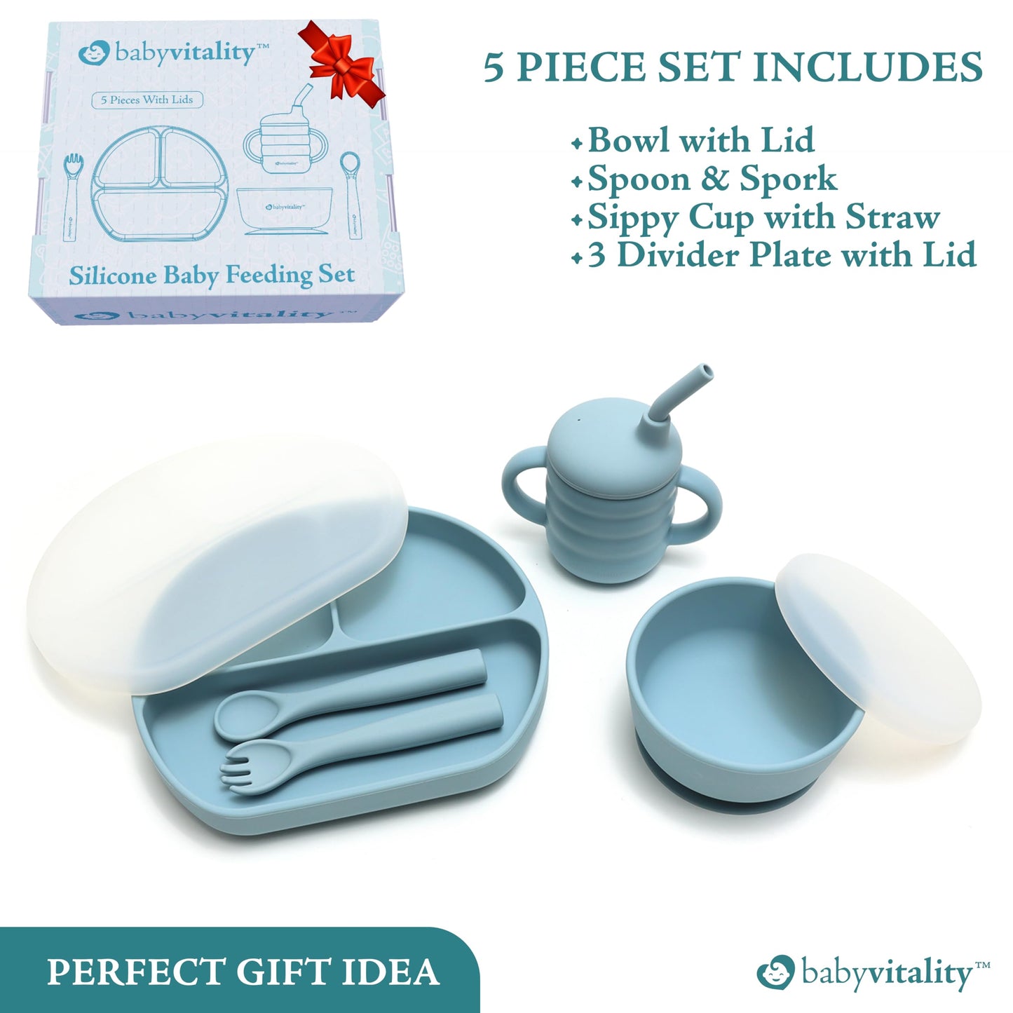 BABYVITALITY Silicone Feeding Set | Suction Plates & Bowls with Lids, Sippy Cup, Utensils | Toddler Eating Essentials - Pink