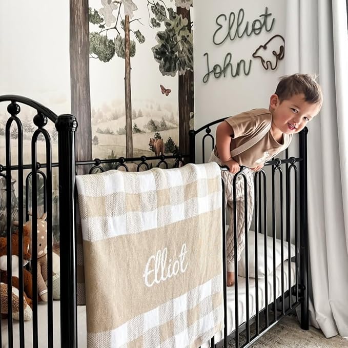 Personalized Gingham Name Blanket – 100% Cotton Baby Blanket, Gingham Band Design, Customized with Name, Boys and Girls, Bassinet and Crib, Gift for Baby, Newborn, Toddler or Kids (Crib)