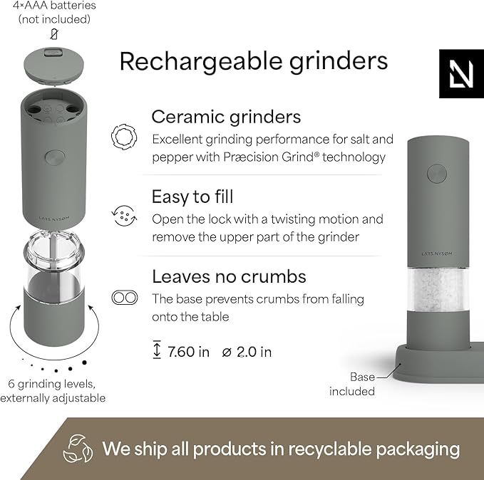 LARS NYSØM Electric Salt and Pepper Grinder Set I Automatic Salt and Pepper Mills with Adjustable Ceramic Grinder I AAA-Battery Operated Electric Spice Mill Set (Ash Gray)