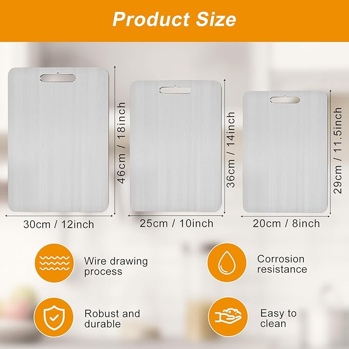 Titanium Cutting Board Set of 3, 3Pcs Stainless Steel Cutting Board, Double Sided Food Grade Non Stick Chopping Cutting Boards for Meat Fruit Vegetable ((18L*12W) +(14L*10W)+(11.5L*8W))