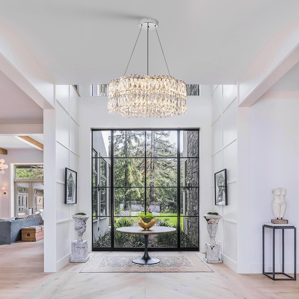 Poemoon 24in Crystal LED Chandelier, Remote Control, Dimmable 3000-6500K, Chrome, Model P40-600C1