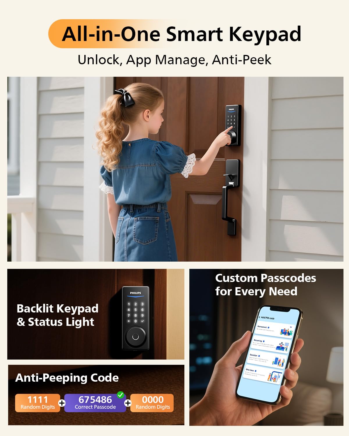 Philips WiFi Smart Lock + Door Handle Set, Built-in WiFi, APP Remote Control, Fingerprint & Voice Unlock, Smart Locks for Front Door, Digital Keypad Deadbolt with Handle Set, Keyless Entry, Auto Lock