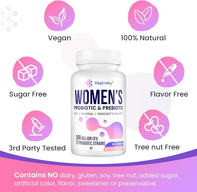 Vaginal Probiotics for Women - 300 Billion CFUs 12 Strains Probiotics with Prebiotic, Organic Cranberry Extract Daily Women's Probiotic for Vaginal, Urinary, Digestive, Gut, Immune Health, 60 Capsules