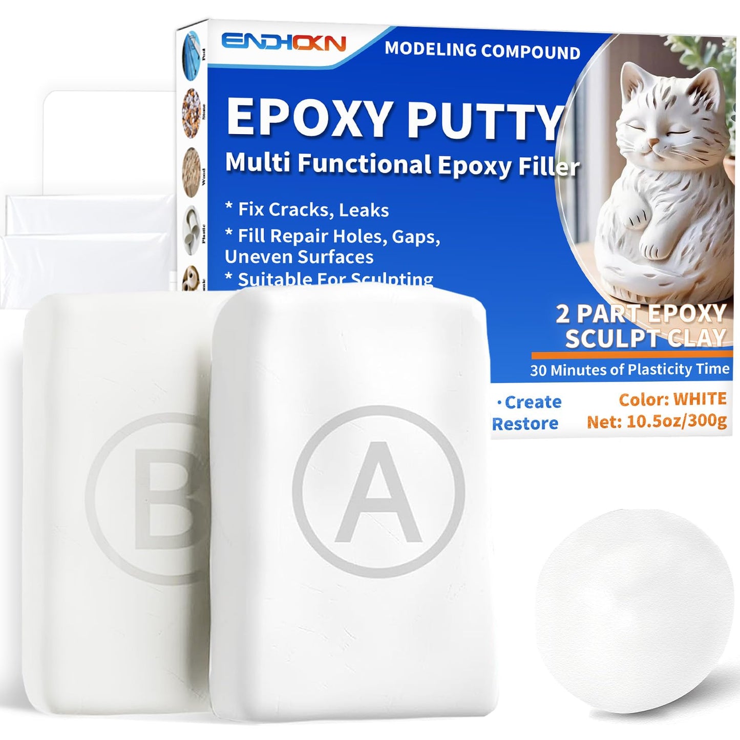 Epoxy Putty, Endhokn 10.5oz White Putty Stick Fix Leaks, Cracks and Fill Holes, Sculpting, Modeling, Epoxy Sculpt Clay for Metal, Ceramics, Plastic, Wood, Tile, Concrete 300g