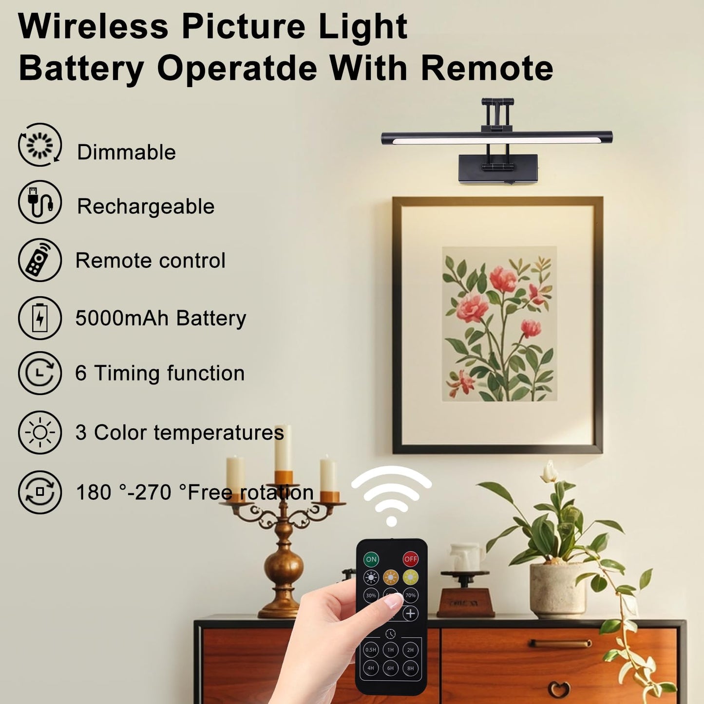 Battery Operated Picture Light With Remote 16  Black Art Light For discomfort-reducingting Dimmable & Timer Wireless Gallery Lights 3Cct Frame Lighting Rechargeable Wall Lights For Artwork Potrait Dartboard