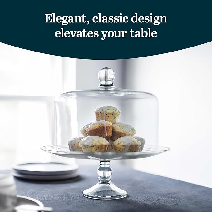 Libbey Selene Glass Cake Stand with Dome Lid, Elegant Curved Footed, Covered Cake Stand, Versatile Serving Dish for Variety of Desserts and More